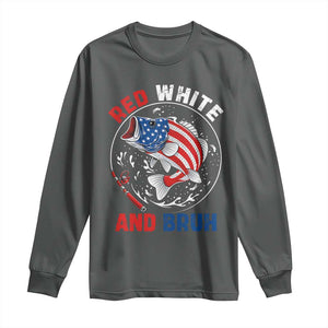 Red White And Bruh Fishing Long Sleeve Shirt Funny Patriotic Bass 4th Of July American Flag TS02 Dark Heather Print Your Wear