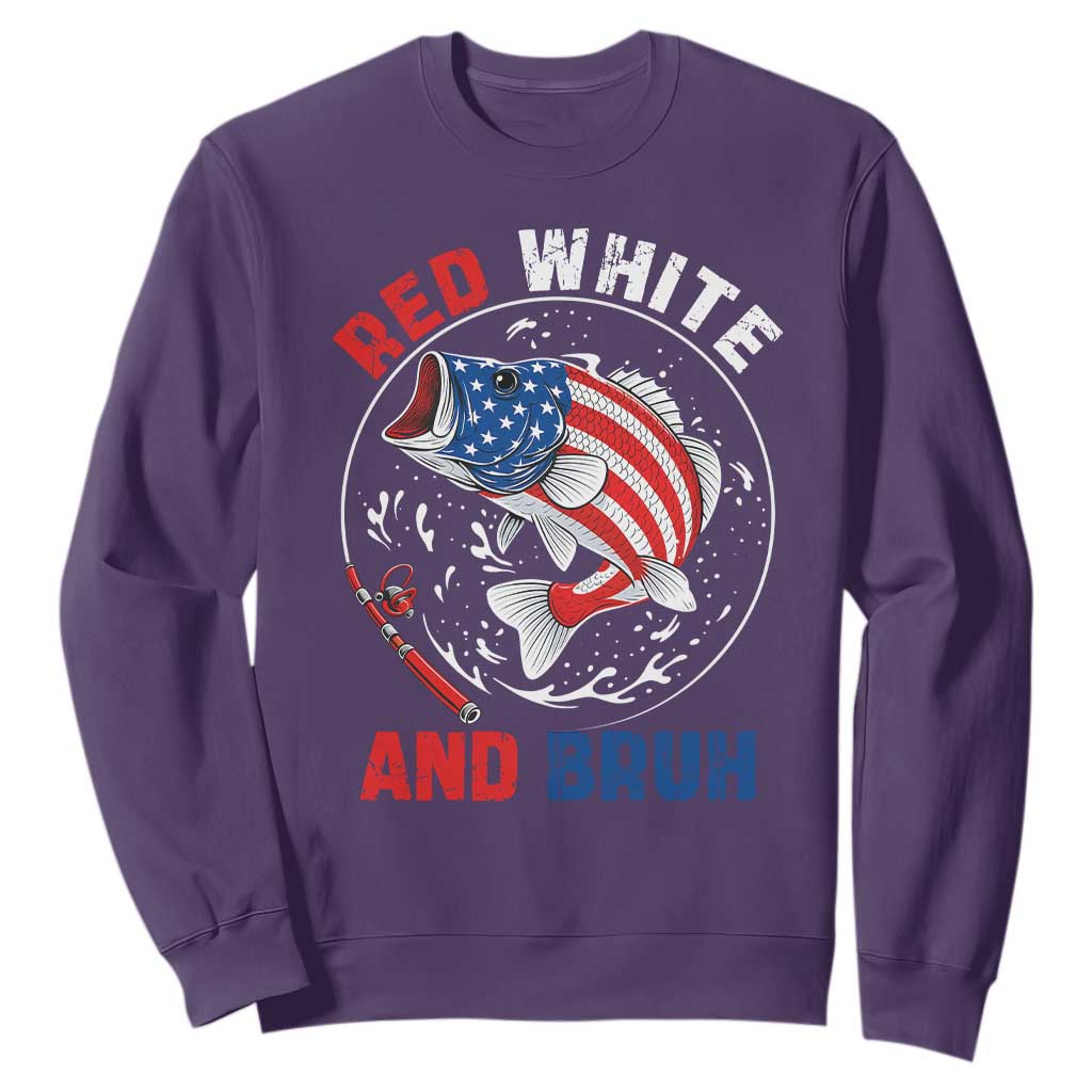 Red White And Bruh Fishing Sweatshirt Funny Patriotic Bass 4th Of July American Flag TS02 Purple Print Your Wear