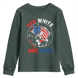 Red White And Bruh Fishing Youth Sweatshirt Funny Patriotic Bass 4th Of July American Flag TS02 Dark Forest Green Print Your Wear