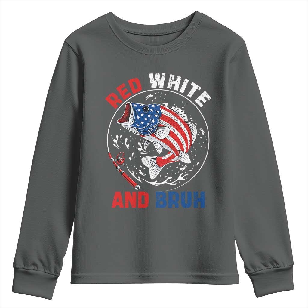 Red White And Bruh Fishing Youth Sweatshirt Funny Patriotic Bass 4th Of July American Flag TS02 Dark Heather Print Your Wear