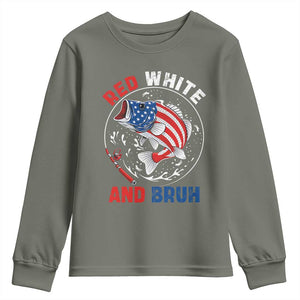 Red White And Bruh Fishing Youth Sweatshirt Funny Patriotic Bass 4th Of July American Flag TS02 Military Green Print Your Wear