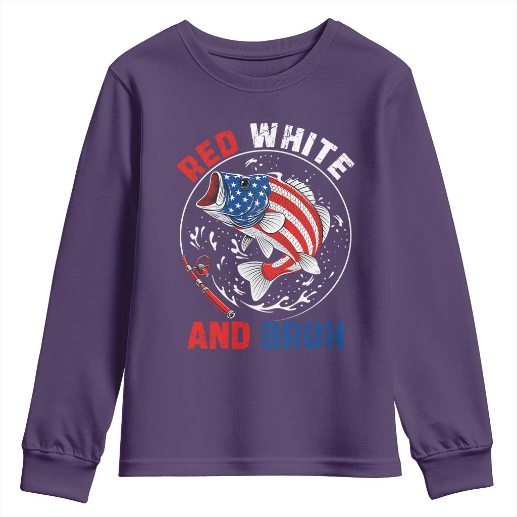 Red White And Bruh Fishing Youth Sweatshirt Funny Patriotic Bass 4th Of July American Flag TS02 Purple Print Your Wear