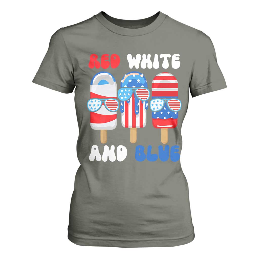 Red White Blue Popsicle 4th of July T Shirt For Women Patriotic USA Flag TS10 Military Green Print Your Wear