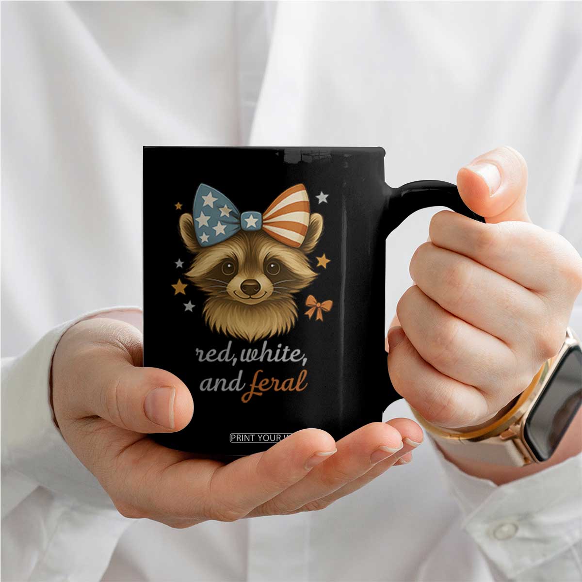 Red White and Feral Raccoon Coffee Mug Funny Patriotic Animal 4th of July TS02 Print Your Wear