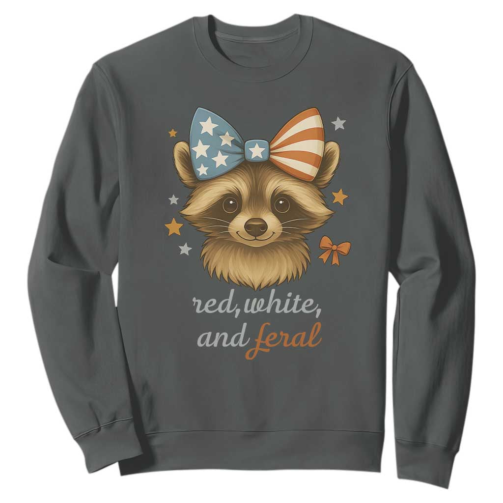 Red White and Feral Raccoon Sweatshirt Funny Patriotic Animal 4th of July TS02 Dark Heather Print Your Wear