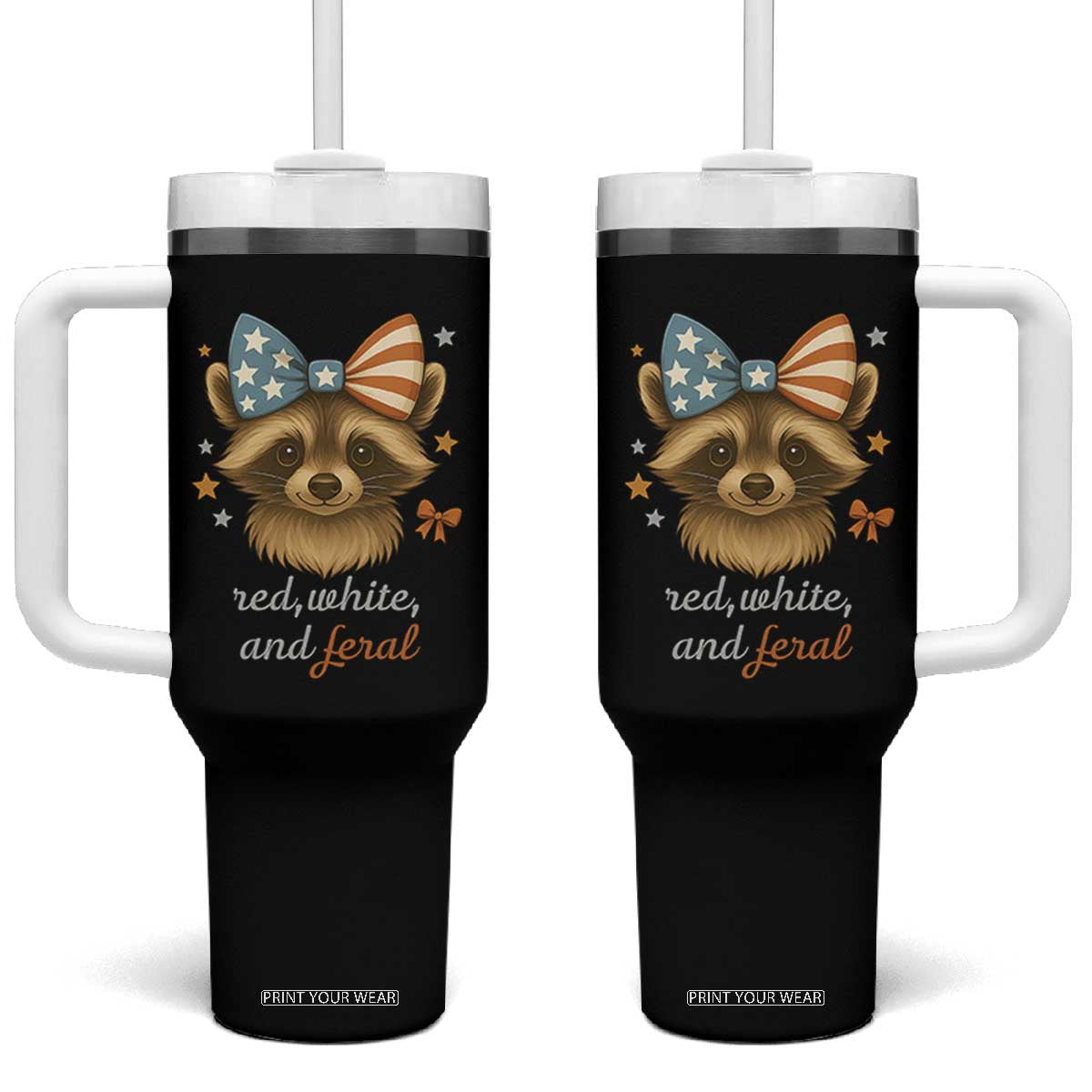 Red White and Feral Raccoon Tumbler With Handle Funny Patriotic Animal 4th of July TS02 One Size: 40 oz Black Print Your Wear