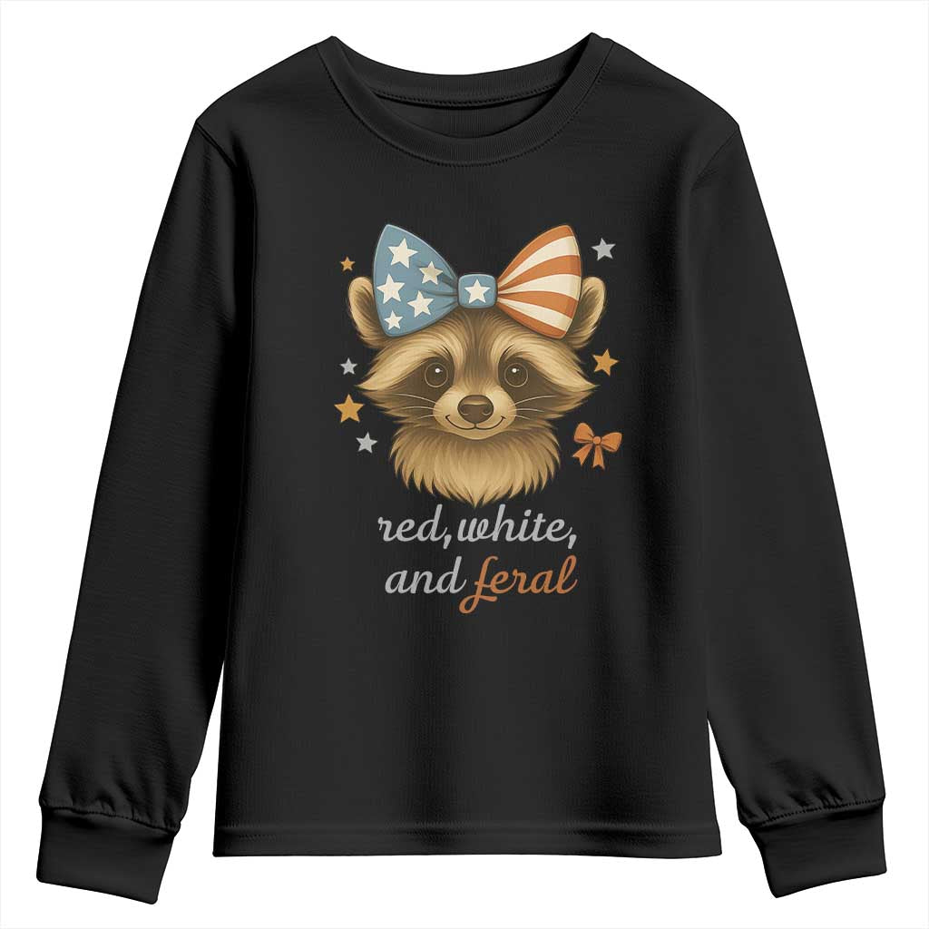 Red White and Feral Raccoon Youth Sweatshirt Funny Patriotic Animal 4th of July TS02 Black Print Your Wear