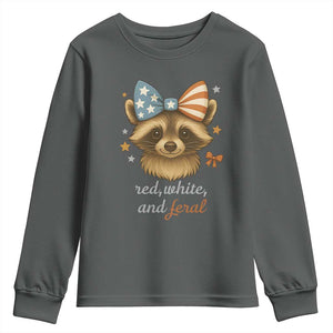 Red White and Feral Raccoon Youth Sweatshirt Funny Patriotic Animal 4th of July TS02 Dark Heather Print Your Wear