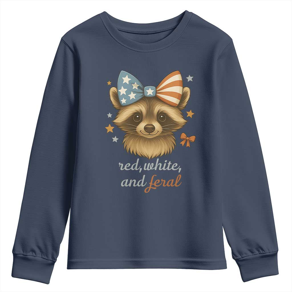Red White and Feral Raccoon Youth Sweatshirt Funny Patriotic Animal 4th of July TS02 Navy Print Your Wear