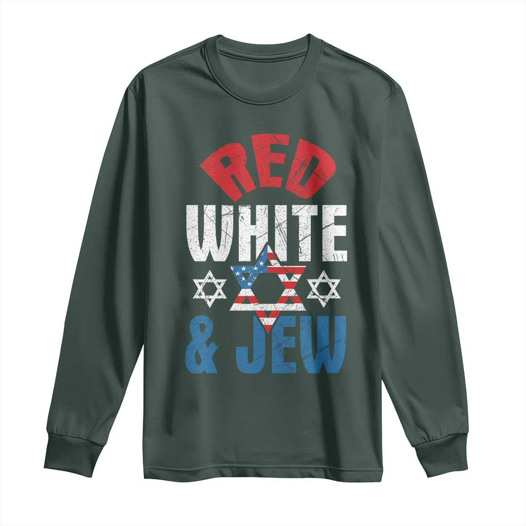 Red White and Jew Long Sleeve Shirt Funny Jewish Patriotic 4th of July Star Of David TS02 Dark Forest Green Print Your Wear