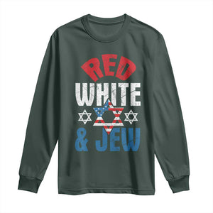 Red White and Jew Long Sleeve Shirt Funny Jewish Patriotic 4th of July Star Of David TS02 Dark Forest Green Print Your Wear