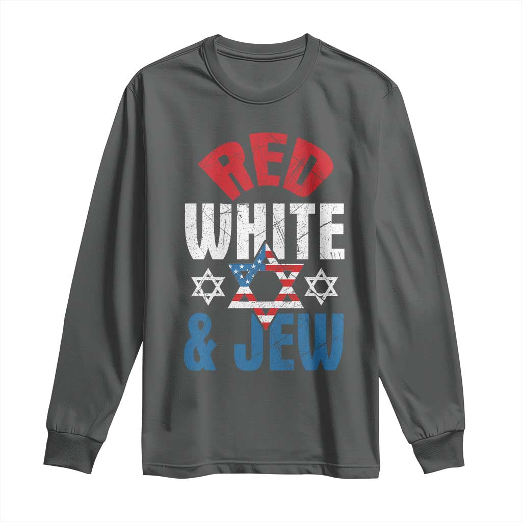 Red White and Jew Long Sleeve Shirt Funny Jewish Patriotic 4th of July Star Of David TS02 Dark Heather Print Your Wear