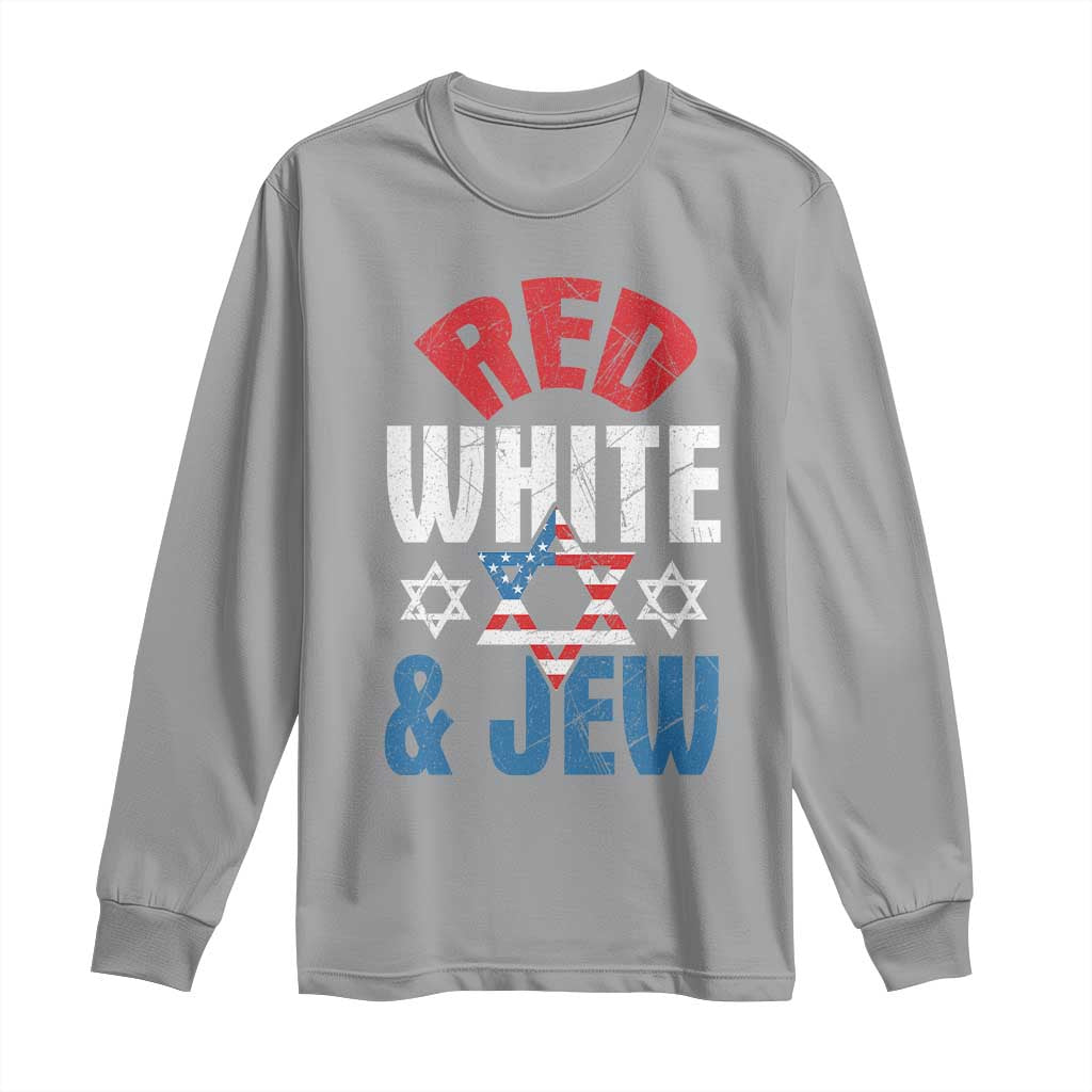 Red White and Jew Long Sleeve Shirt Funny Jewish Patriotic 4th of July Star Of David TS02 Sport Gray Print Your Wear