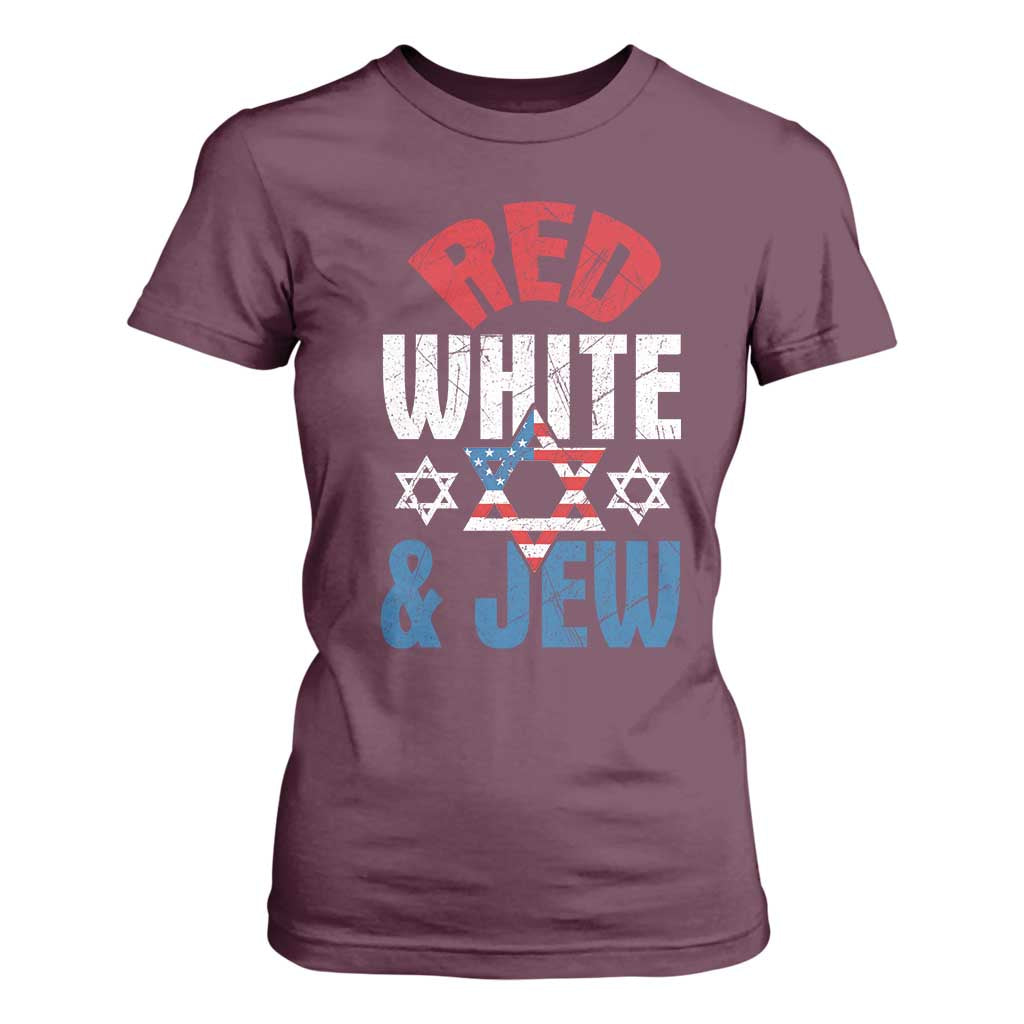 Red White and Jew T Shirt For Women Funny Jewish Patriotic 4th of July Star Of David TS02 Maroon Print Your Wear