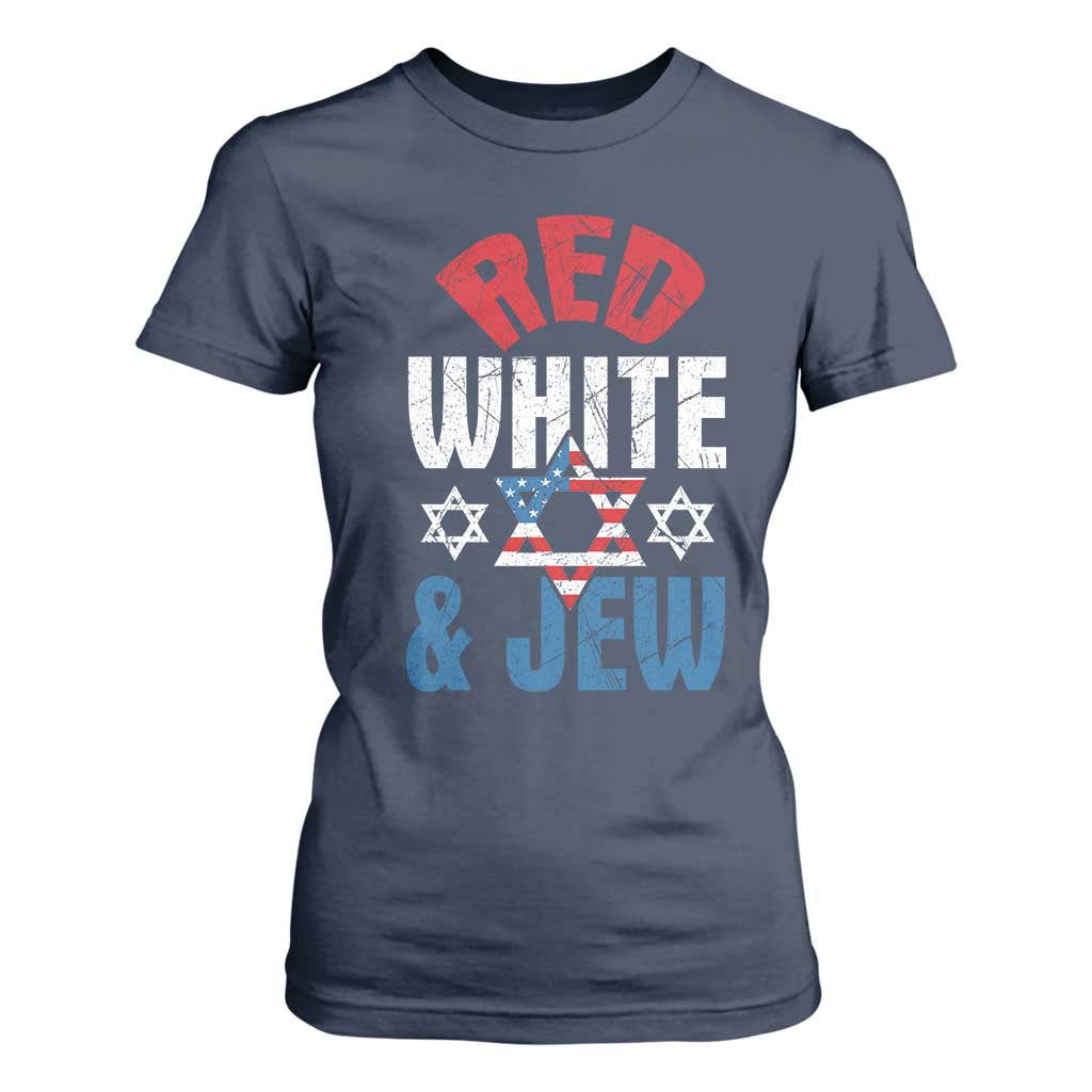 Red White and Jew T Shirt For Women Funny Jewish Patriotic 4th of July Star Of David TS02 Navy Print Your Wear