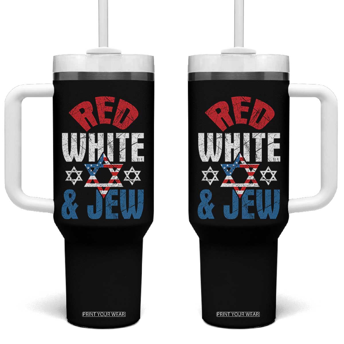 Red White and Jew Tumbler With Handle Funny Jewish Patriotic 4th of July Star Of David TS02 One Size: 40 oz Black Print Your Wear
