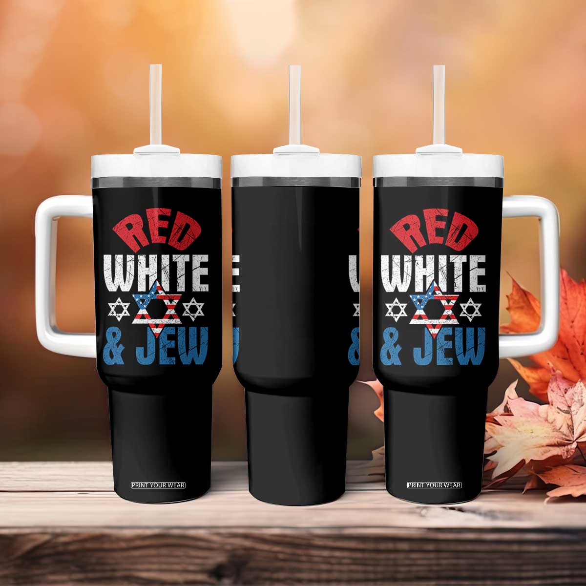 Red White and Jew Tumbler With Handle Funny Jewish Patriotic 4th of July Star Of David TS02 Print Your Wear
