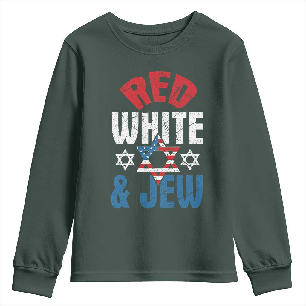 Red White and Jew Youth Sweatshirt Funny Jewish Patriotic 4th of July Star Of David TS02 Dark Forest Green Print Your Wear