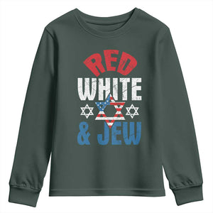 Red White and Jew Youth Sweatshirt Funny Jewish Patriotic 4th of July Star Of David TS02 Dark Forest Green Print Your Wear