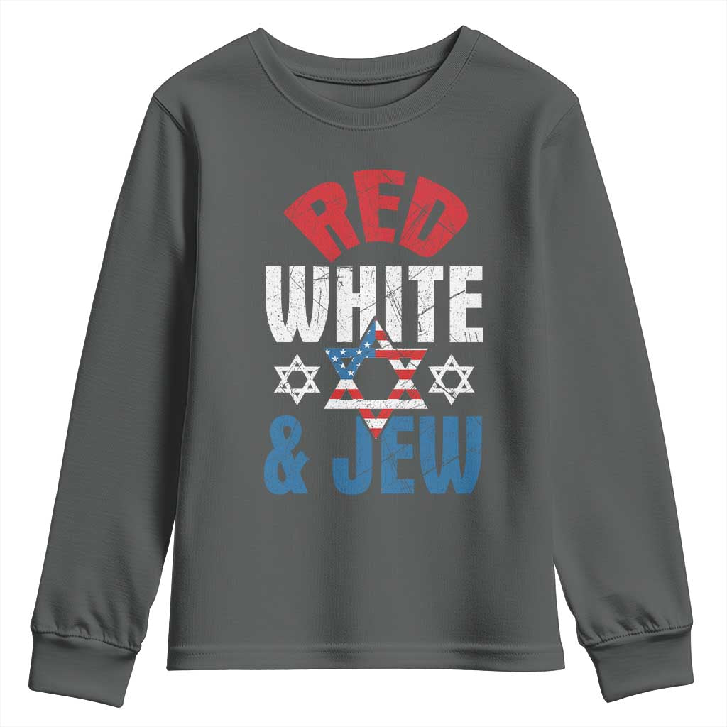 Red White and Jew Youth Sweatshirt Funny Jewish Patriotic 4th of July Star Of David TS02 Dark Heather Print Your Wear