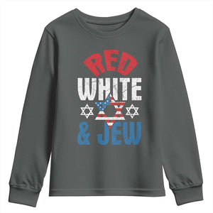 Red White and Jew Youth Sweatshirt Funny Jewish Patriotic 4th of July Star Of David TS02 Dark Heather Print Your Wear