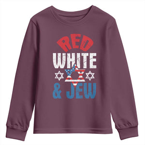 Red White and Jew Youth Sweatshirt Funny Jewish Patriotic 4th of July Star Of David TS02 Maroon Print Your Wear