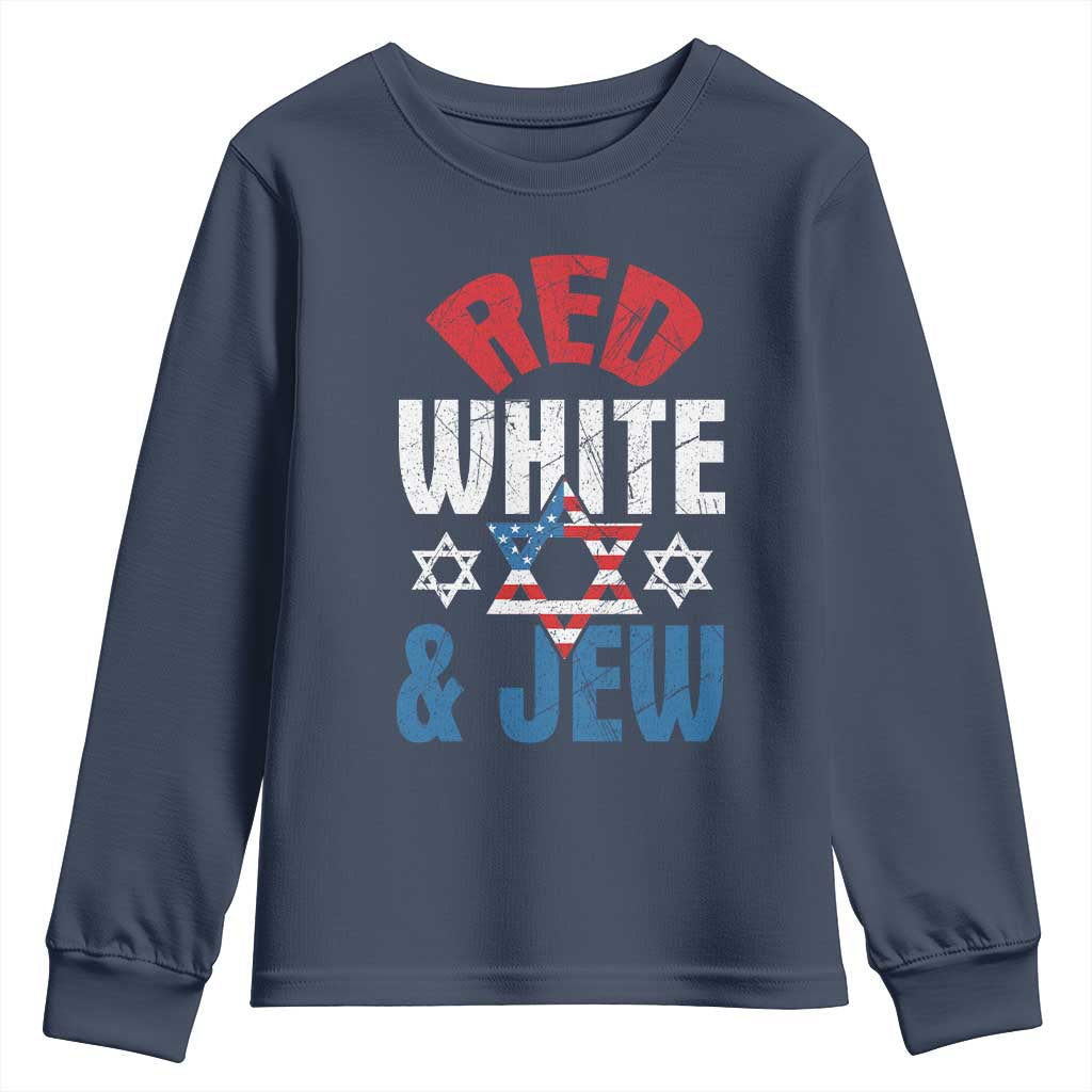 Red White and Jew Youth Sweatshirt Funny Jewish Patriotic 4th of July Star Of David TS02 Navy Print Your Wear
