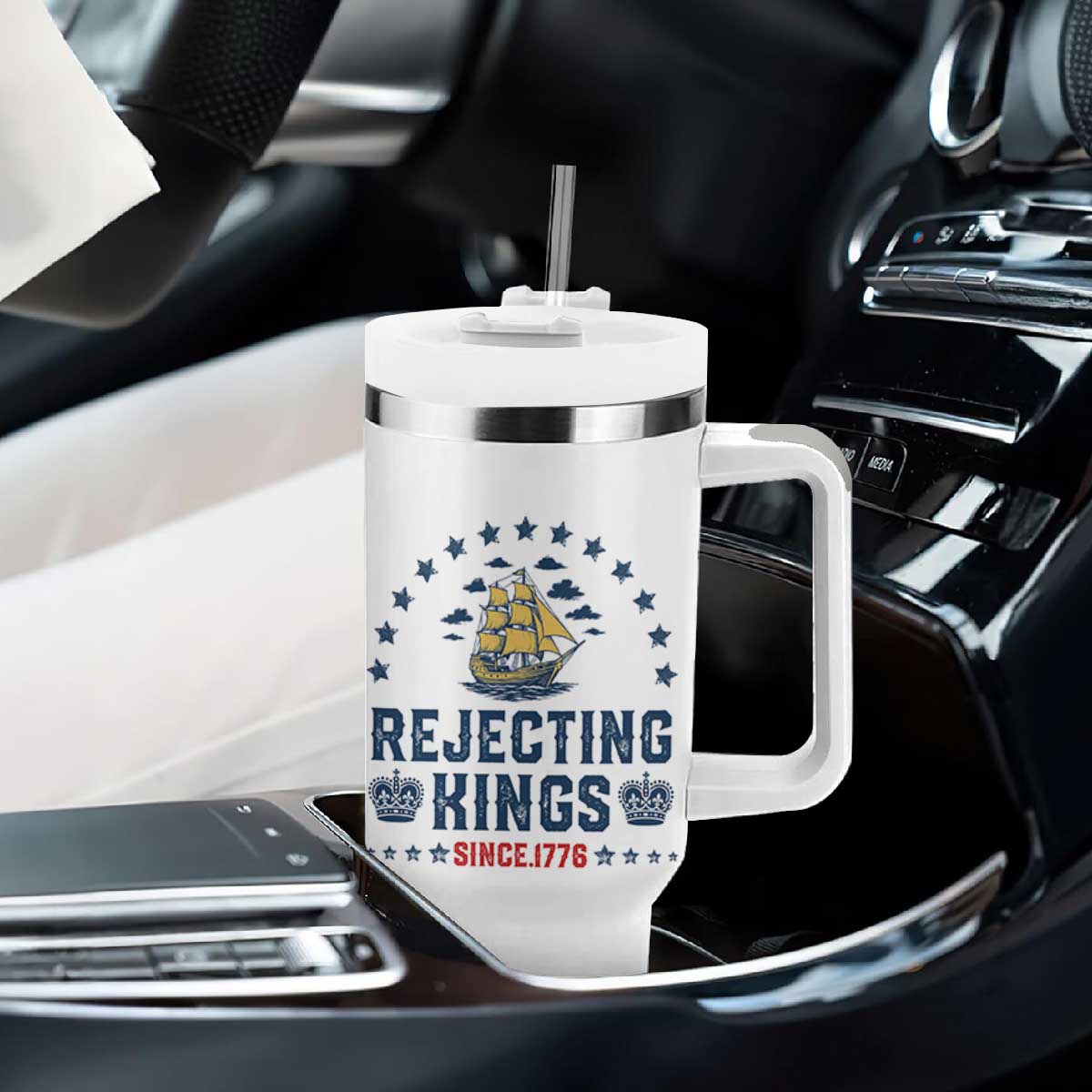 Rejecting Kings Since 1776 Tumbler With Handle Vintage Patriotic Ship No King In America TS02 Print Your Wear