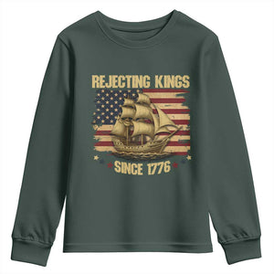 Rejecting Kings Since 1776 Youth Sweatshirt Historic Ship Sailboat Distressed American Flag TS02 Dark Forest Green Print Your Wear