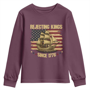 Rejecting Kings Since 1776 Youth Sweatshirt Historic Ship Sailboat Distressed American Flag TS02 Maroon Print Your Wear