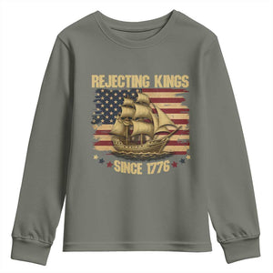 Rejecting Kings Since 1776 Youth Sweatshirt Historic Ship Sailboat Distressed American Flag TS02 Military Green Print Your Wear