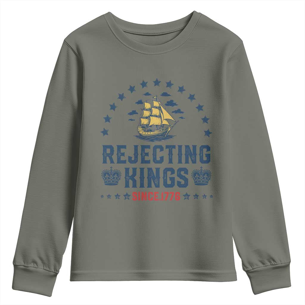 Rejecting Kings Since 1776 Youth Sweatshirt Vintage Patriotic Ship No King In America TS02 Military Green Print Your Wear
