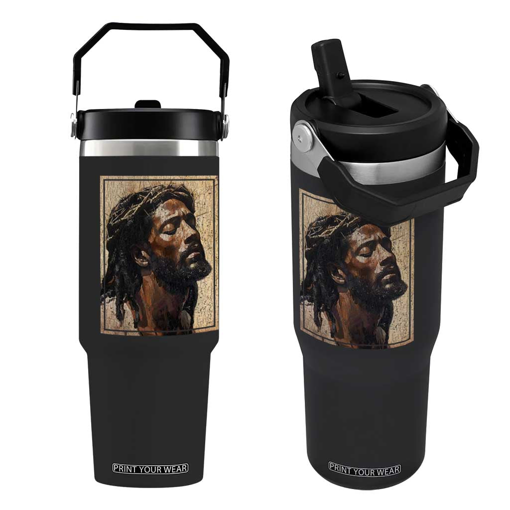 Religious Black Jesus With Crown Of Thorns Flip Straw Tumbler TS11 One Size: 30 oz Black Print Your Wear