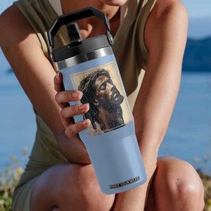 Religious Black Jesus With Crown Of Thorns Flip Straw Tumbler TS11 One Size: 30 oz Light Blue Print Your Wear