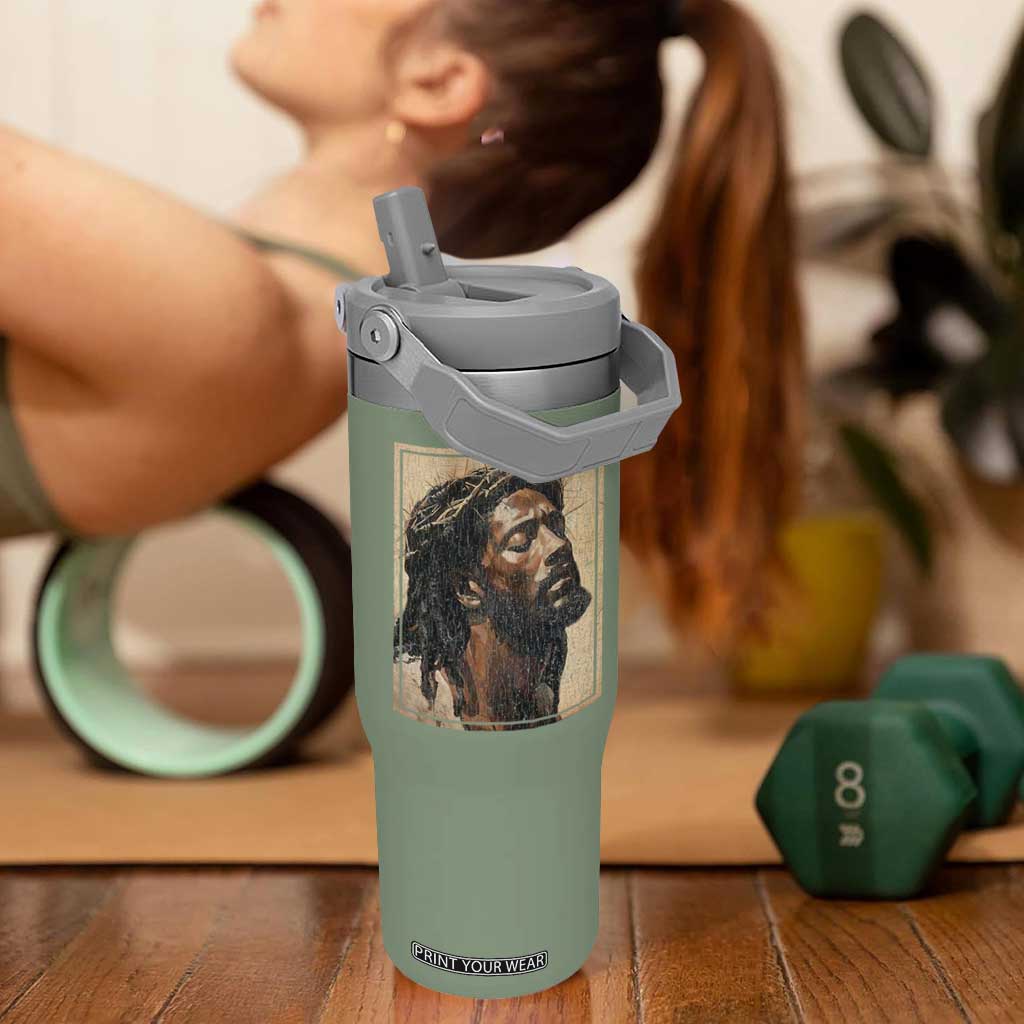 Religious Black Jesus With Crown Of Thorns Flip Straw Tumbler TS11 One Size: 30 oz Moss Green Print Your Wear