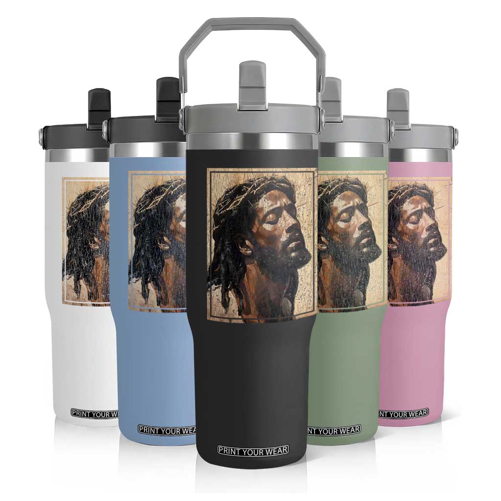 Religious Black Jesus With Crown Of Thorns Flip Straw Tumbler TS11 Print Your Wear