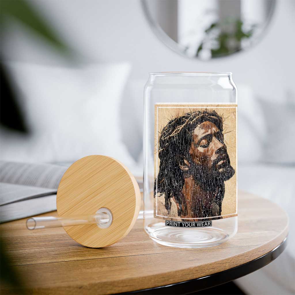 Religious Black Jesus With Crown Of Thorns Glass Can TS11 Print Your Wear