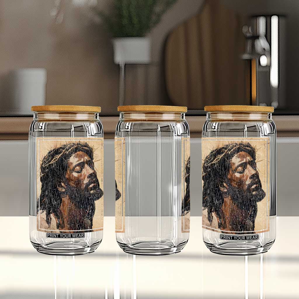 Religious Black Jesus With Crown Of Thorns Glass Can TS11 Print Your Wear