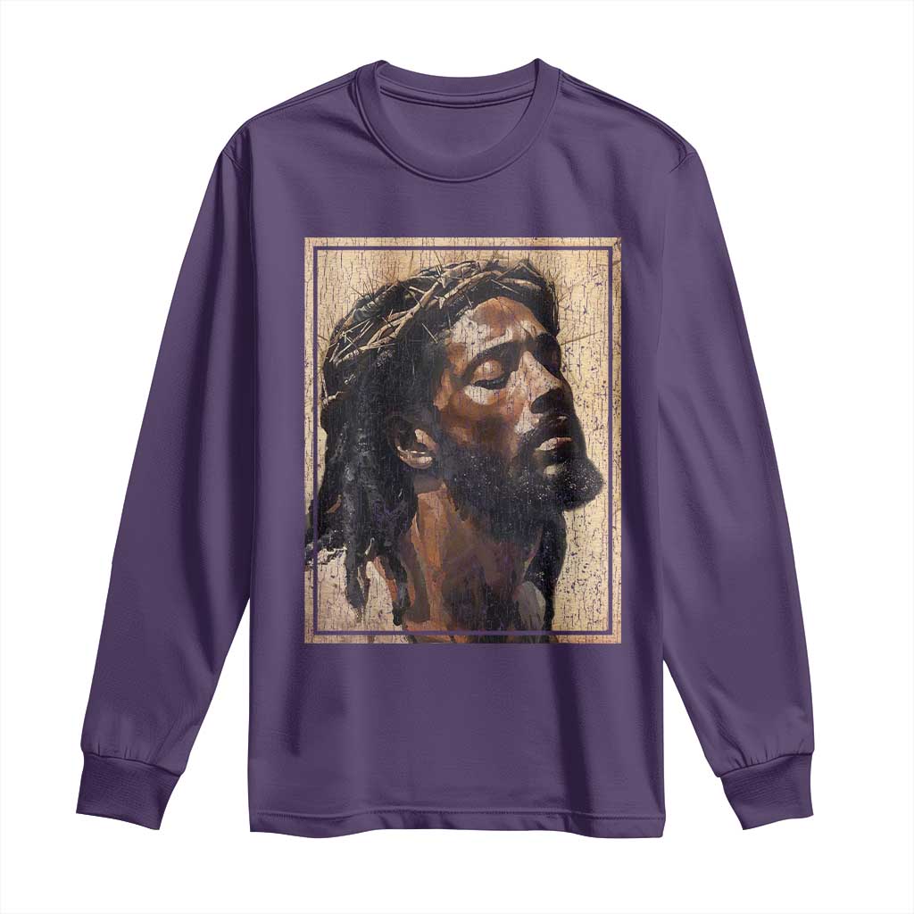 Religious Black Jesus With Crown Of Thorns Long Sleeve Shirt TS11 Purple Print Your Wear