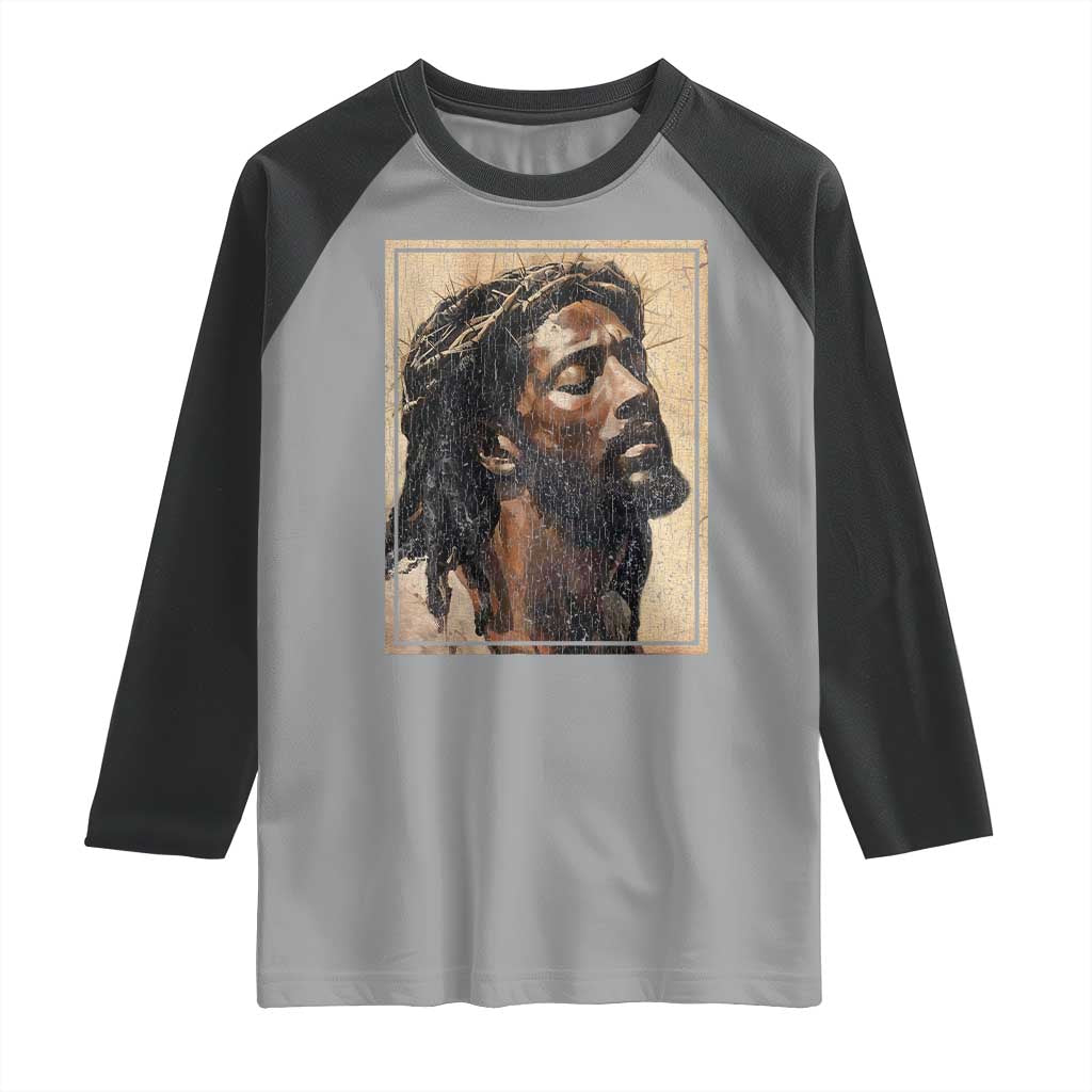 Religious Black Jesus With Crown Of Thorns Raglan Shirt TS11 Sport Gray Black Print Your Wear