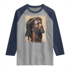 Religious Black Jesus With Crown Of Thorns Raglan Shirt TS11 Sport Gray Navy Print Your Wear
