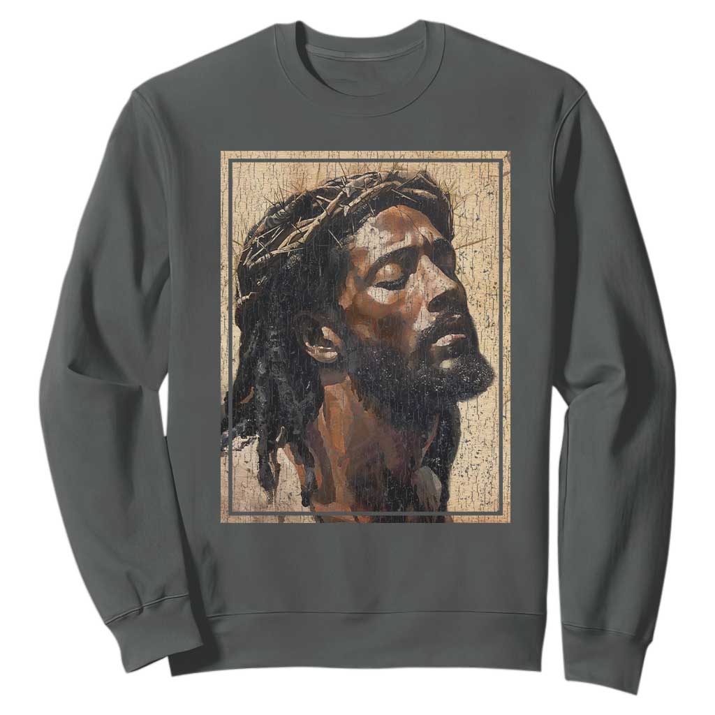Religious Black Jesus With Crown Of Thorns Sweatshirt TS11 Dark Heather Print Your Wear