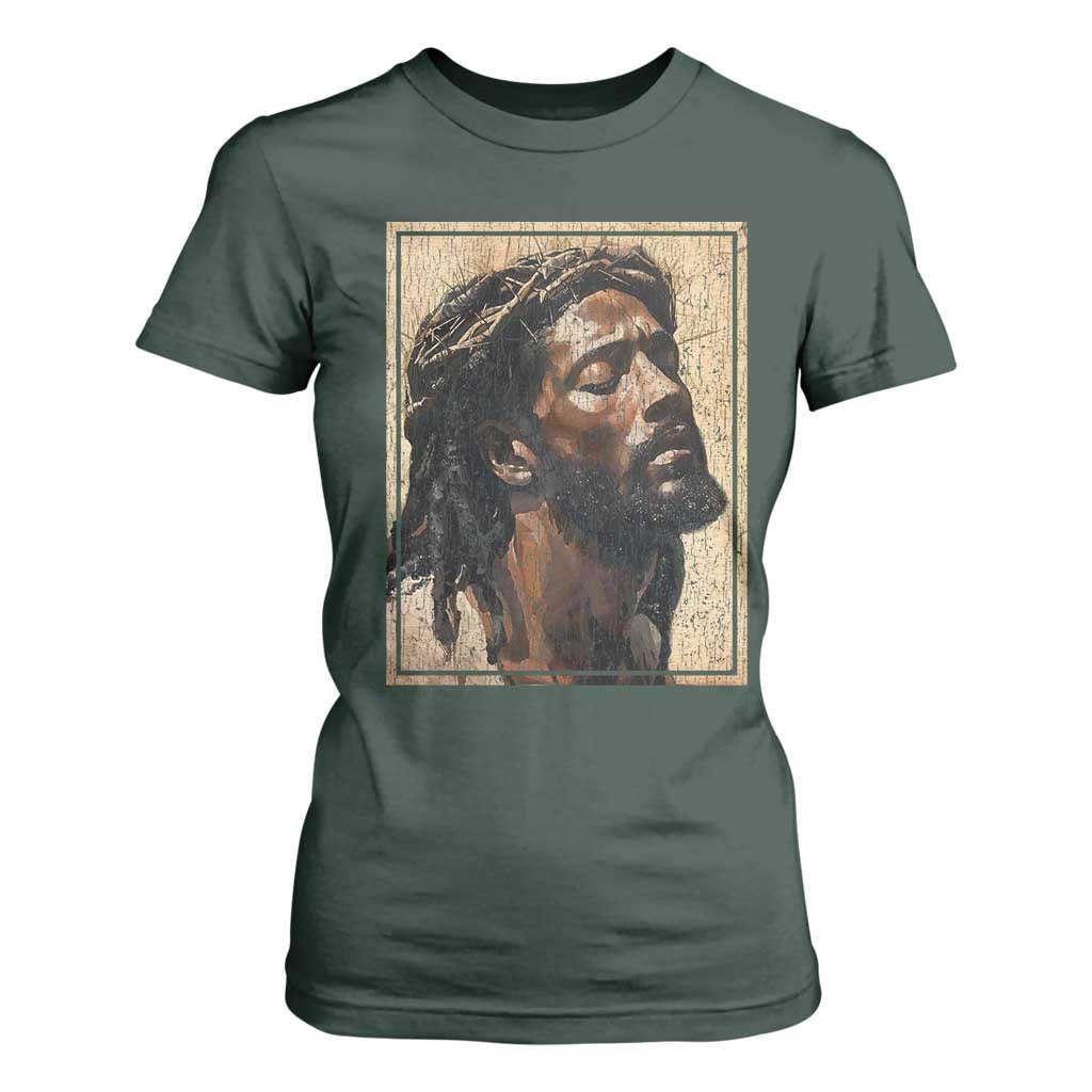 Religious Black Jesus With Crown Of Thorns T Shirt For Women TS11 Dark Forest Green Print Your Wear