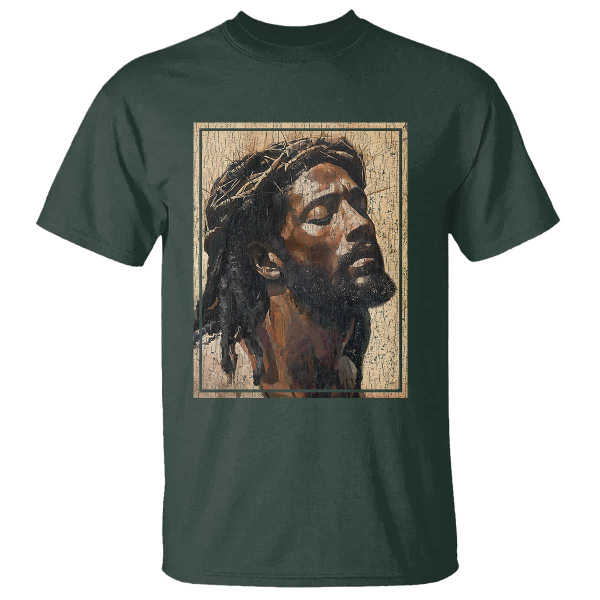 Religious Black Jesus With Crown Of Thorns T Shirt TS11 Dark Forest Green Print Your Wear