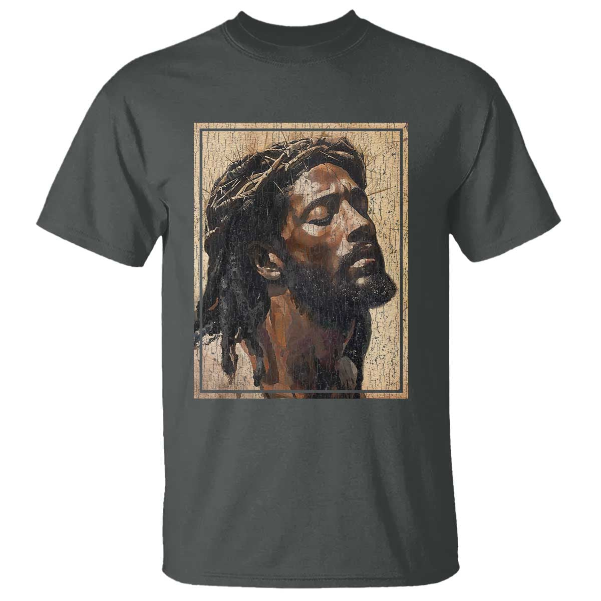 Religious Black Jesus With Crown Of Thorns T Shirt TS11 Dark Heather Print Your Wear