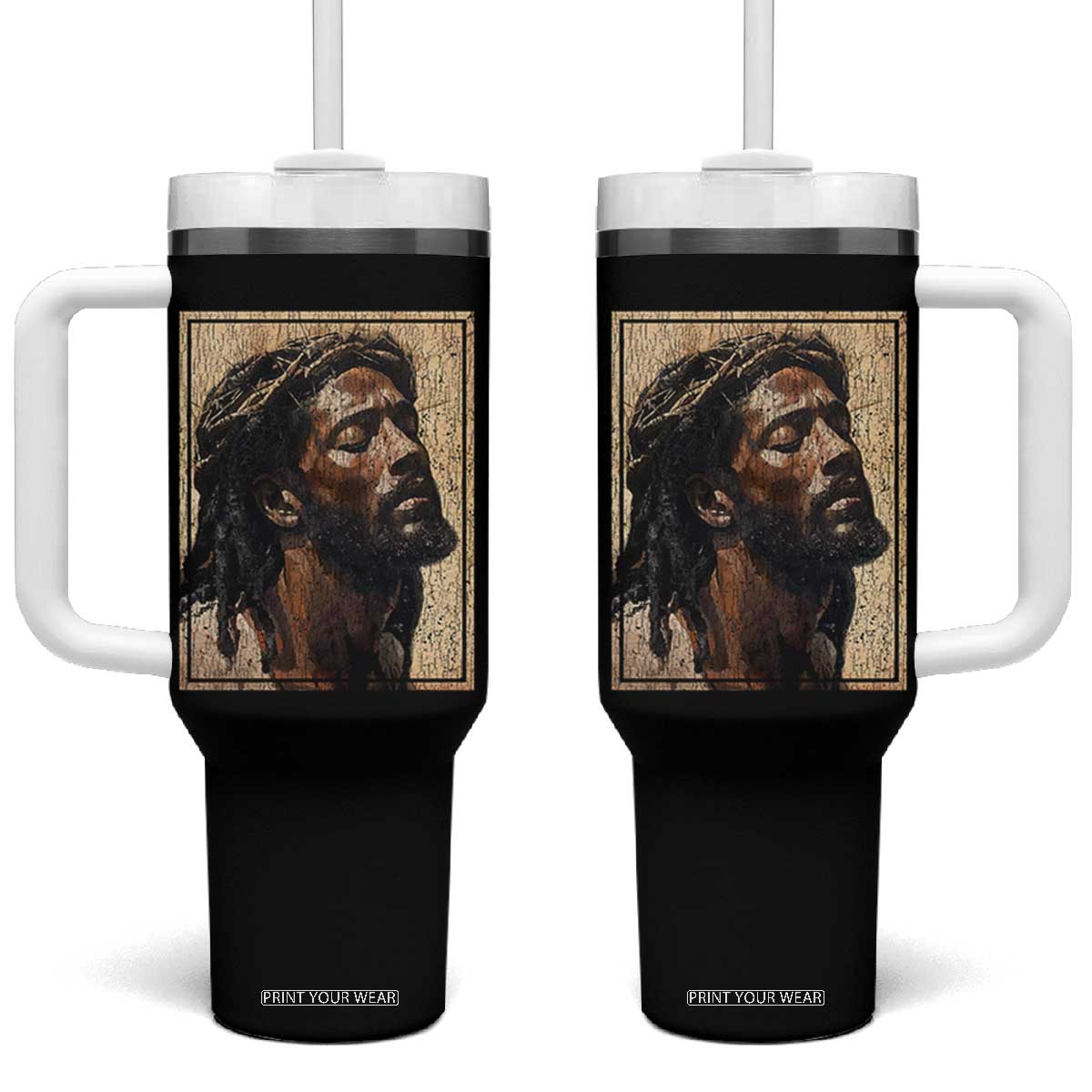 Religious Black Jesus With Crown Of Thorns Tumbler With Handle TS11 One Size: 40 oz Black Print Your Wear
