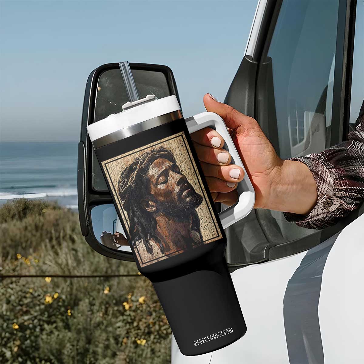 Religious Black Jesus With Crown Of Thorns Tumbler With Handle TS11 Print Your Wear