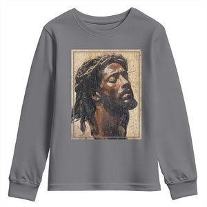 Religious Black Jesus With Crown Of Thorns Youth Sweatshirt TS11 Charcoal Print Your Wear