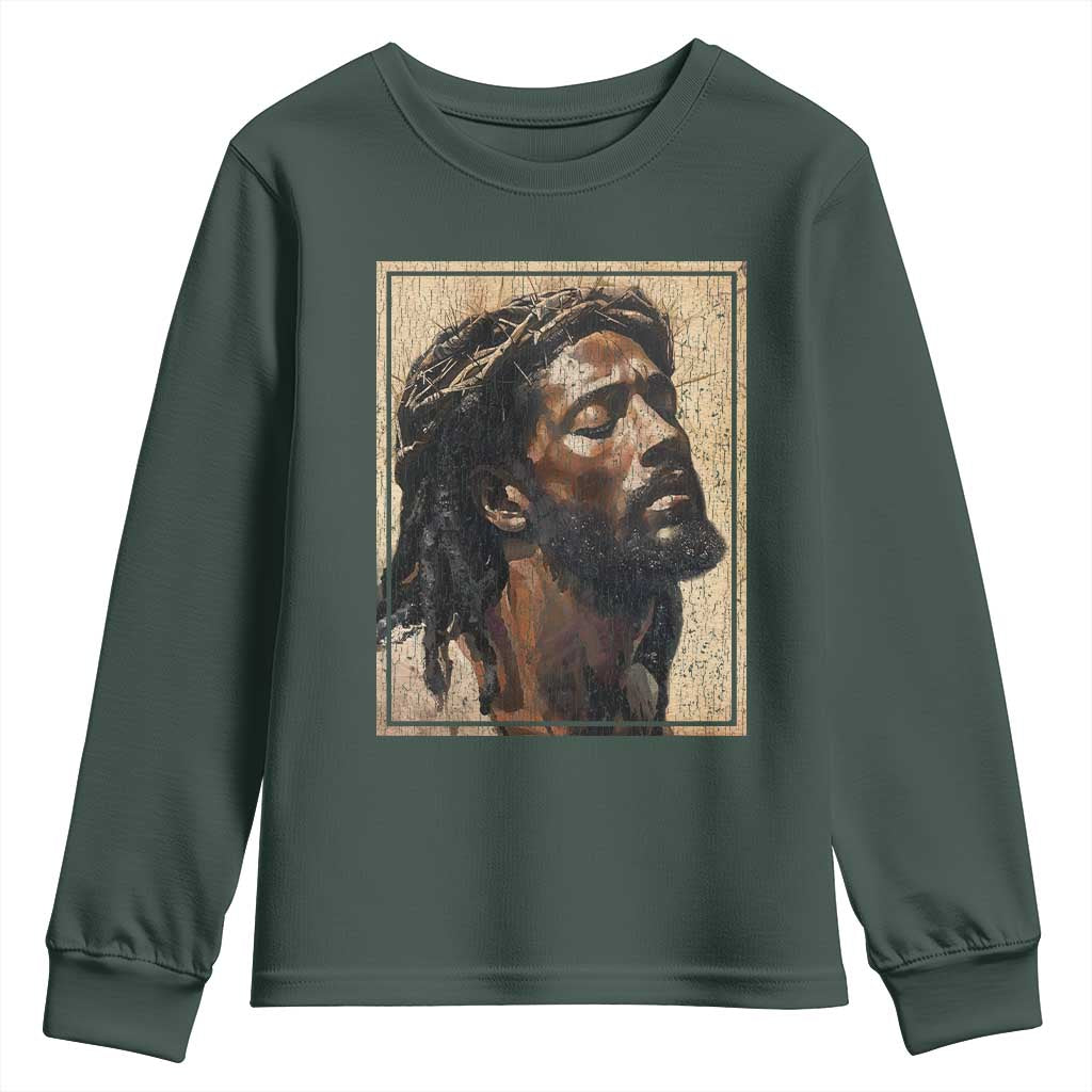 Religious Black Jesus With Crown Of Thorns Youth Sweatshirt TS11 Dark Forest Green Print Your Wear