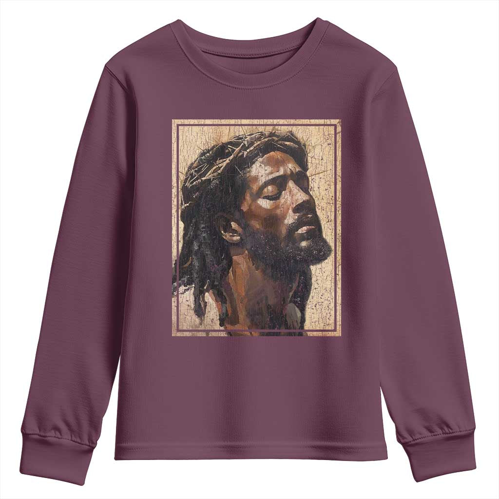 Religious Black Jesus With Crown Of Thorns Youth Sweatshirt TS11 Maroon Print Your Wear
